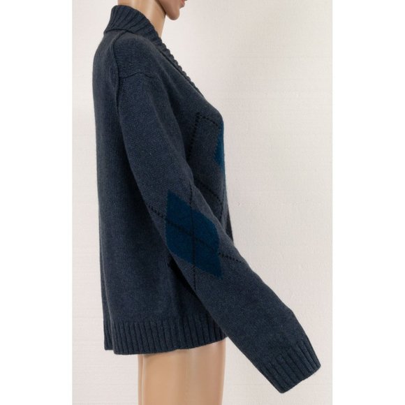 $2995 LORO PIANA 100% CASHMERE DARK BLUE ARGYLE PATTERN SHWAL COLLAR SWEATER  44 - Picture 5 of 6